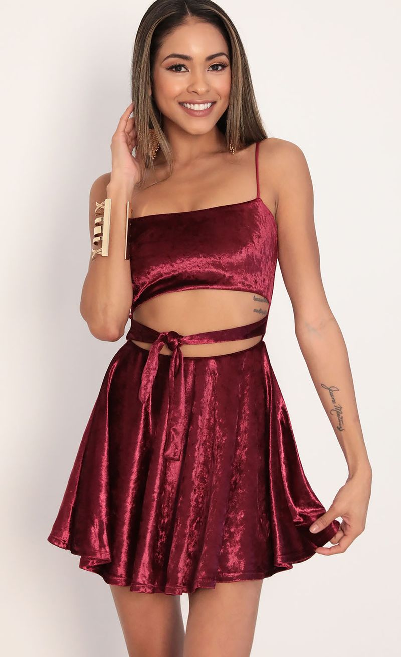 Picture Perrie Velvet A-line Dress in Merlot. Source: https://media.lucyinthesky.com/data/Jan20_2/800xAUTO/781A0009.JPG