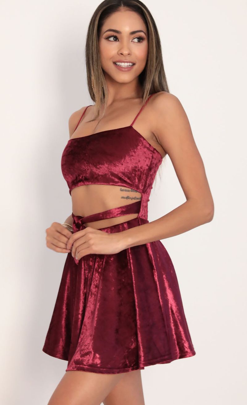 Picture Perrie Velvet A-line Dress in Merlot. Source: https://media.lucyinthesky.com/data/Jan20_2/800xAUTO/781A00191.JPG