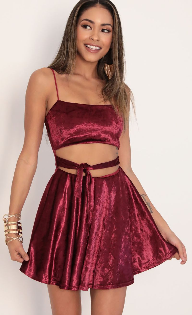 Picture Perrie Velvet A-line Dress in Merlot. Source: https://media.lucyinthesky.com/data/Jan20_2/800xAUTO/781A0064.JPG