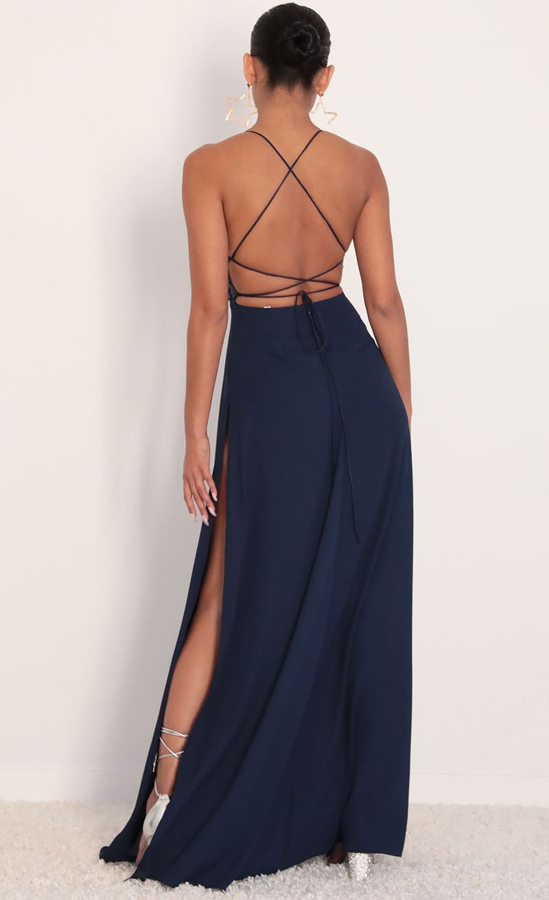 Picture Kaylen Sequin Lace Maxi Dress in Navy. Source: https://media.lucyinthesky.com/data/Jan20_2/800xAUTO/781A0327.JPG