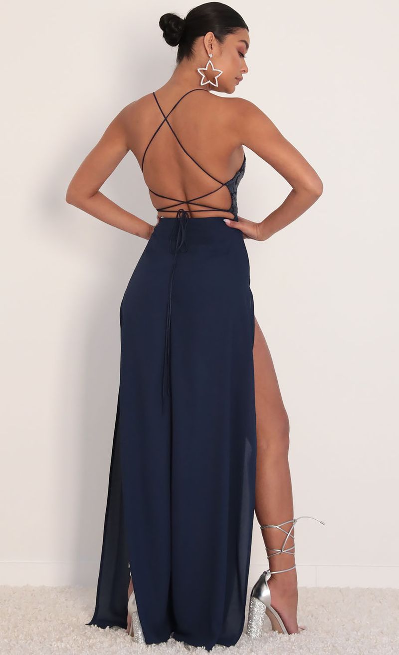 Picture Kaylen Sequin Lace Maxi Dress in Navy. Source: https://media.lucyinthesky.com/data/Jan20_2/800xAUTO/781A0335.JPG