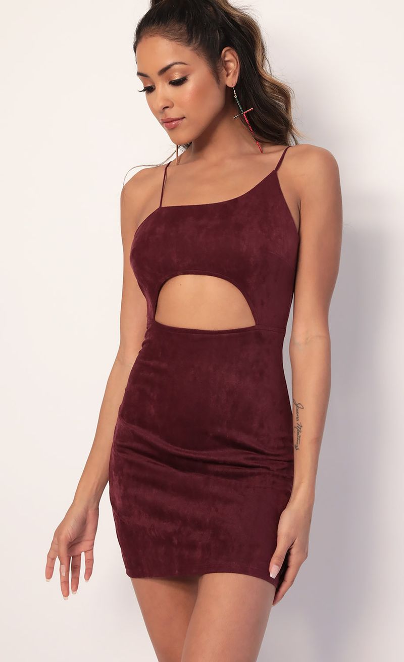Picture Illusion Suede Cutout Dress in Burgundy. Source: https://media.lucyinthesky.com/data/Jan20_2/800xAUTO/781A3073.JPG