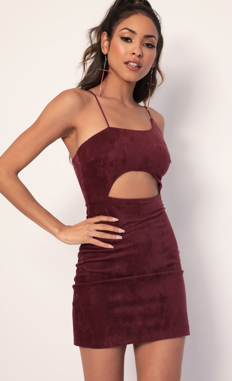 Picture Illusion Suede Cutout Dress in Burgundy. Source: https://media.lucyinthesky.com/data/Jan20_2/800xAUTO/781A3106.JPG