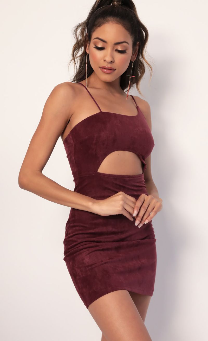 Picture Illusion Suede Cutout Dress in Burgundy. Source: https://media.lucyinthesky.com/data/Jan20_2/800xAUTO/781A3116.JPG