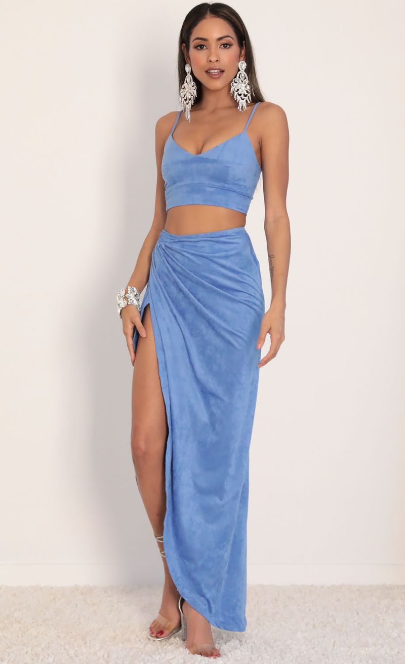 Picture Sicily Suede Luxe Maxi Set in Porcelain Blue. Source: https://media.lucyinthesky.com/data/Jan20_2/800xAUTO/781A3259.JPG