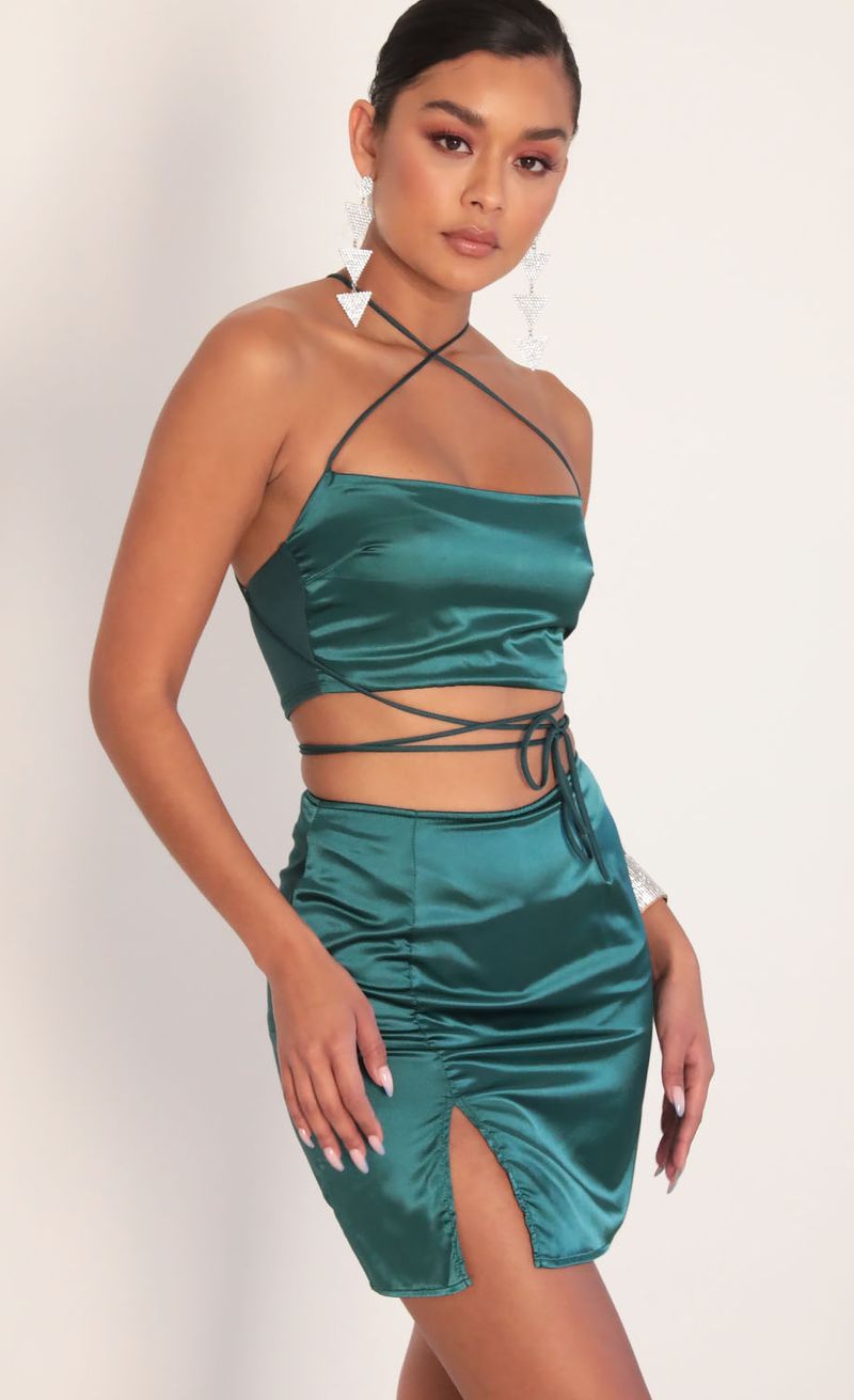 Picture Leslie Satin Slit Set in Hunter Green. Source: https://media.lucyinthesky.com/data/Jan20_2/800xAUTO/781A4014.JPG