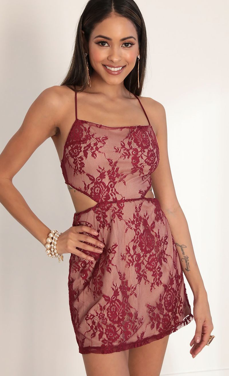 Picture Tara Floral Lace Cutout Dress in Merlot. Source: https://media.lucyinthesky.com/data/Jan20_2/800xAUTO/781A5360.JPG