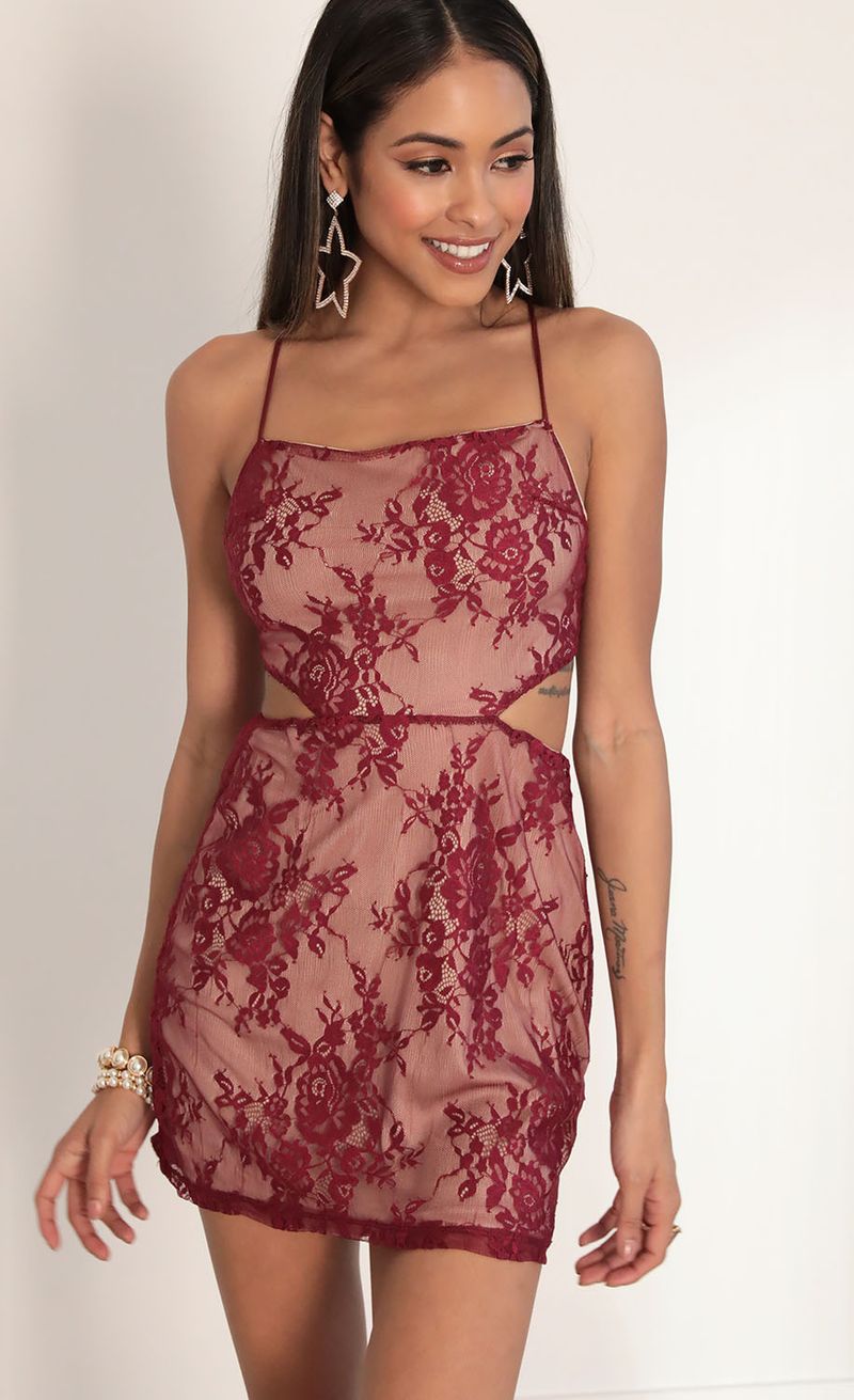 Picture Tara Floral Lace Cutout Dress in Merlot. Source: https://media.lucyinthesky.com/data/Jan20_2/800xAUTO/781A5364.JPG