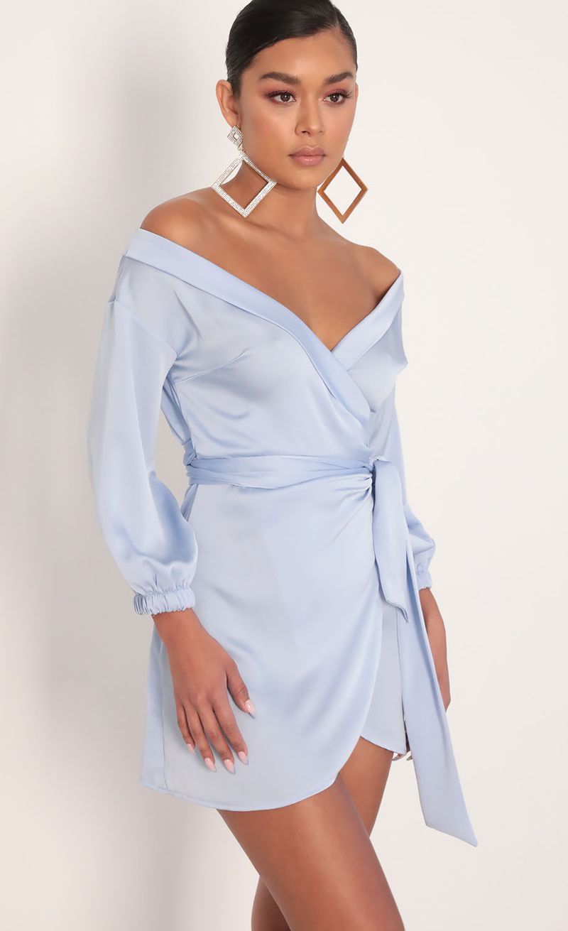 Picture Lorella Off Shoulder Wrap Dress in Dusty Blue. Source: https://media.lucyinthesky.com/data/Jan20_2/800xAUTO/781A7133.JPG