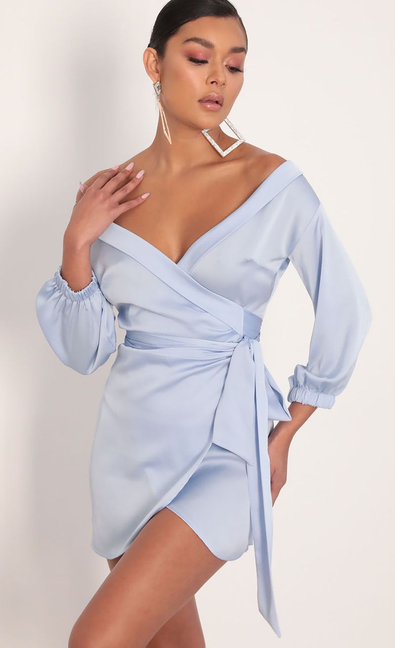 Picture Lorella Off Shoulder Wrap Dress in Dusty Blue. Source: https://media.lucyinthesky.com/data/Jan20_2/800xAUTO/781A7145.JPG