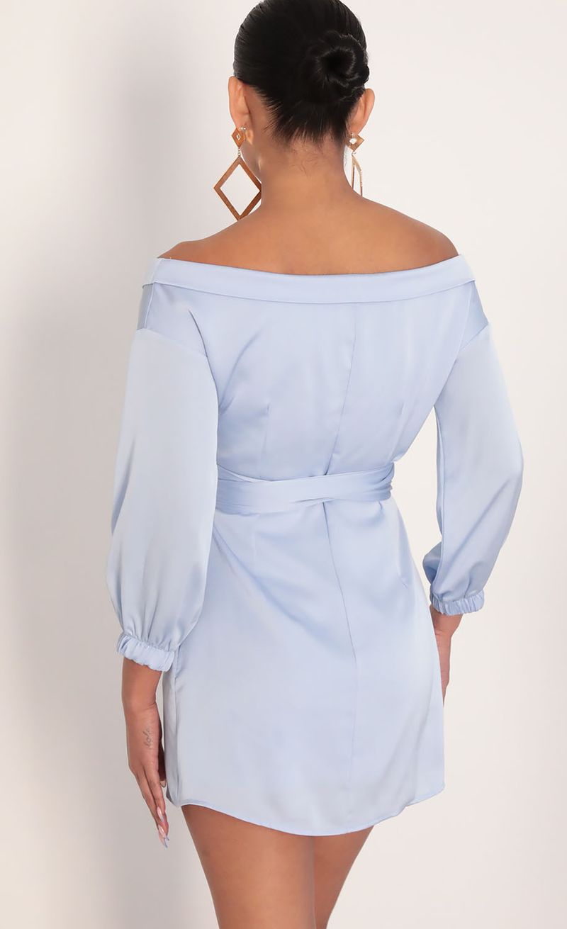 Picture Lorella Off Shoulder Wrap Dress in Dusty Blue. Source: https://media.lucyinthesky.com/data/Jan20_2/800xAUTO/781A7174.JPG