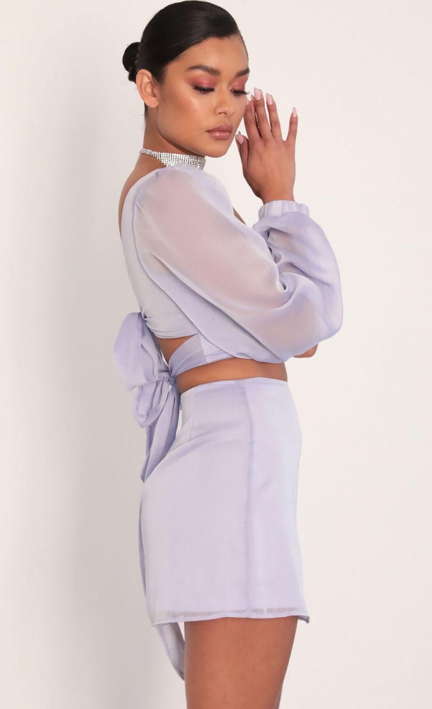 Picture Jasmine Puff Sleeve Chiffon Set in Lavender. Source: https://media.lucyinthesky.com/data/Jan20_2/850xAUTO/781A3217.JPG