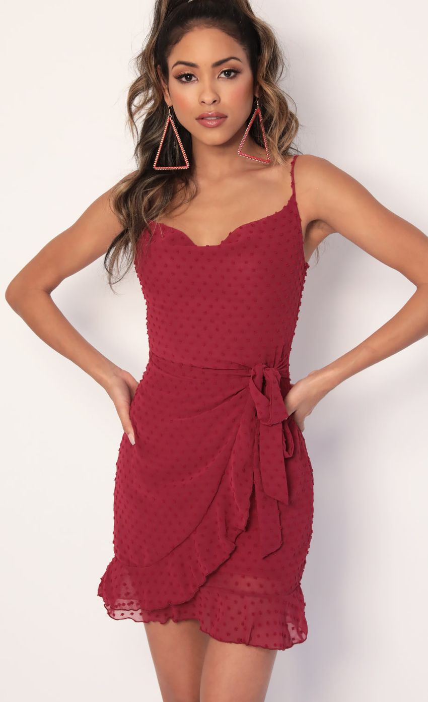 Picture Positano Chiffon Tie Dress in Ruby Dots. Source: https://media.lucyinthesky.com/data/Jan20_2/850xAUTO/781A3318.JPG