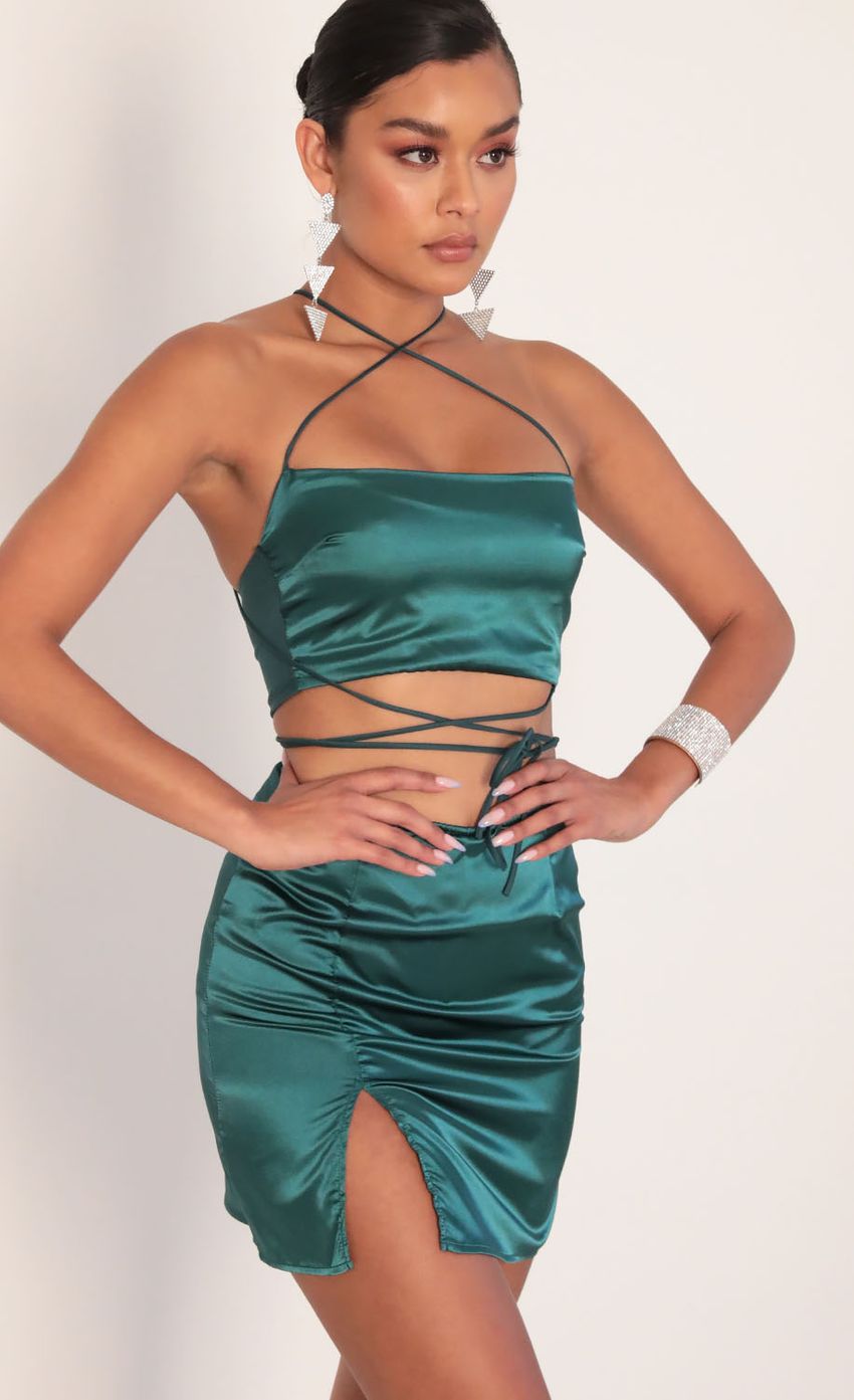 Picture Leslie Satin Slit Set in Hunter Green. Source: https://media.lucyinthesky.com/data/Jan20_2/850xAUTO/781A4018.JPG
