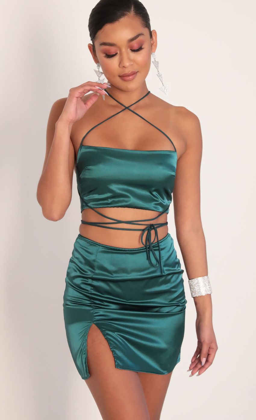 Picture Leslie Satin Slit Set in Hunter Green. Source: https://media.lucyinthesky.com/data/Jan20_2/850xAUTO/781A4027.JPG