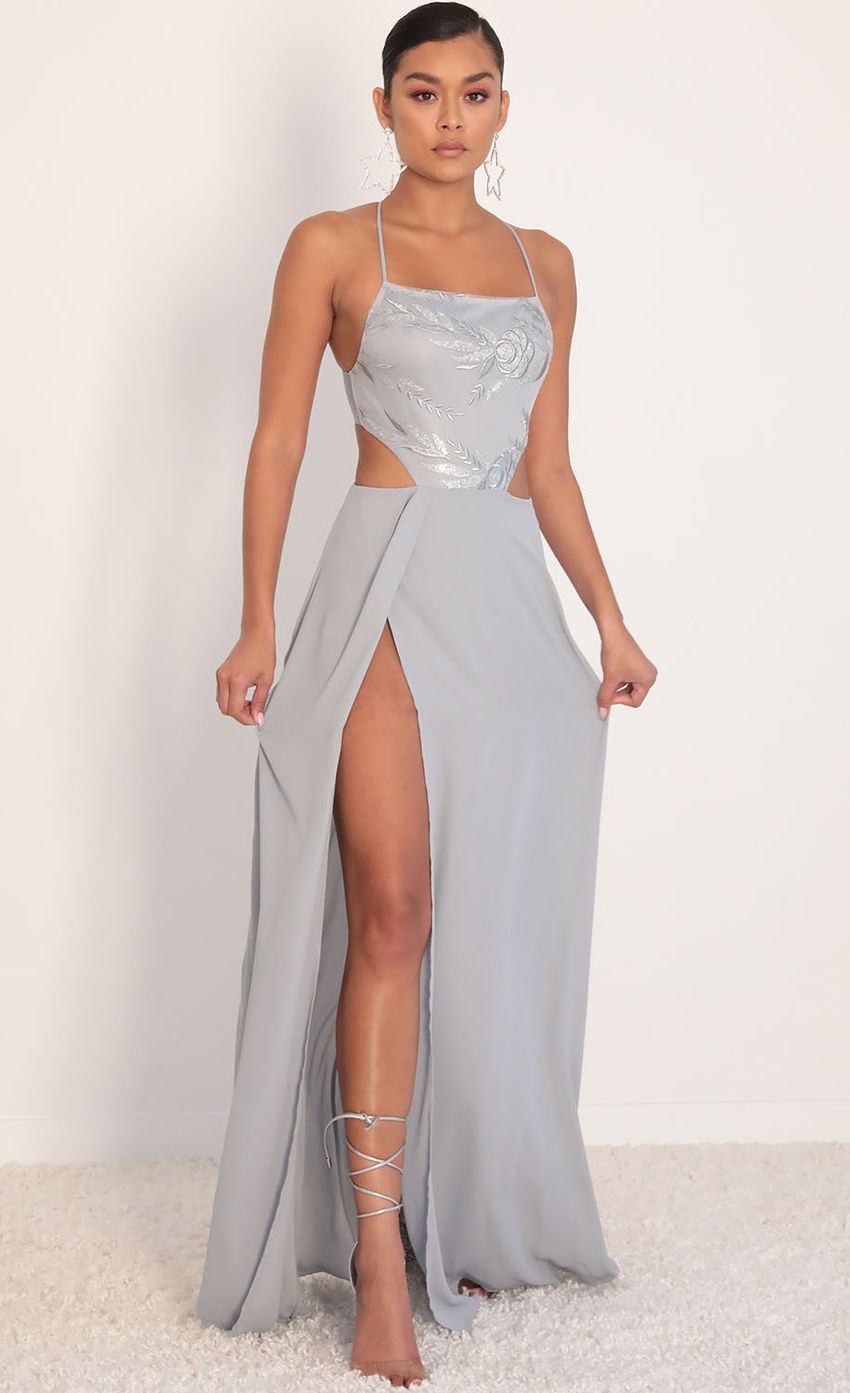 Picture Paris Silver Sequin Lace Maxi Dress in Grey. Source: https://media.lucyinthesky.com/data/Jan20_2/850xAUTO/781A9925.JPG