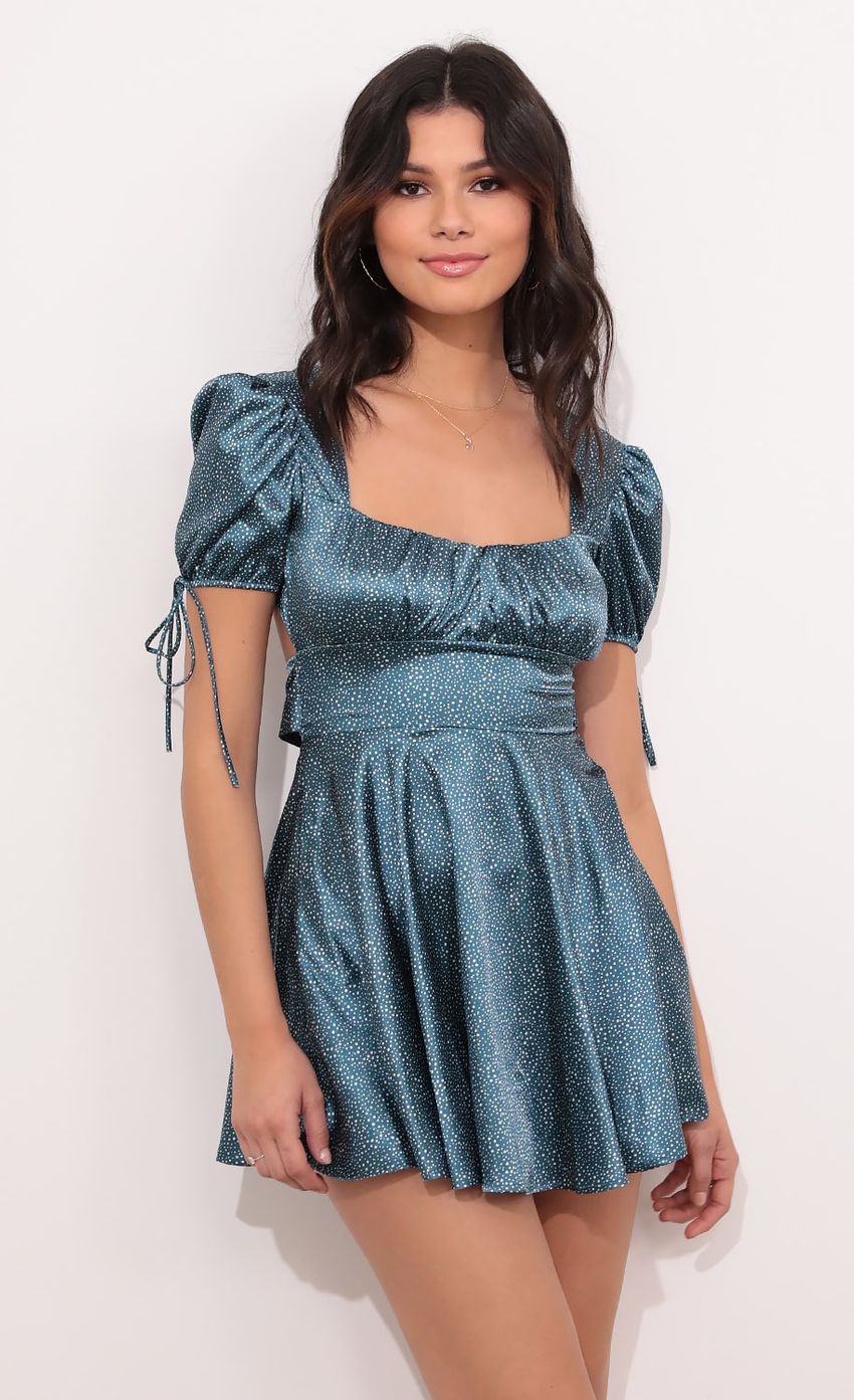 Picture Gracie Dress in Green Dot Satin. Source: https://media.lucyinthesky.com/data/Jan21_1/850xAUTO/1V9A7317.JPG