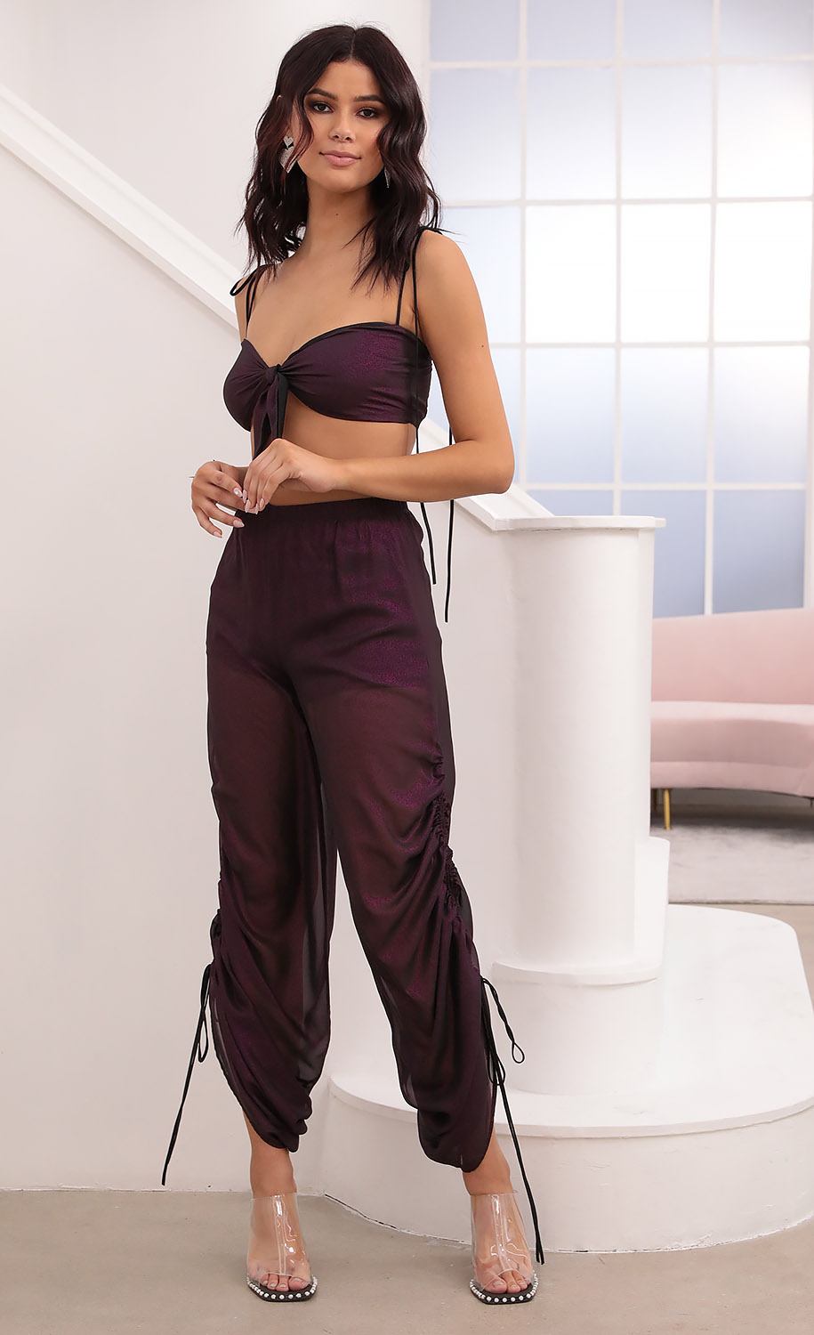 Carly Ruched Pant Set in Purple