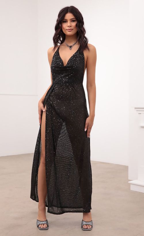 Picture Kaira Cowl Neck Maxi Dress in Black Sequin. Source: https://media.lucyinthesky.com/data/Jan21_2/500xAUTO/1V9A0699.JPG