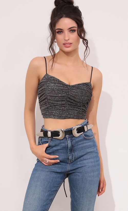 Picture Becca Ruched Crop Top in Silver Shimmer. Source: https://media.lucyinthesky.com/data/Jan21_2/500xAUTO/1V9A9742.JPG
