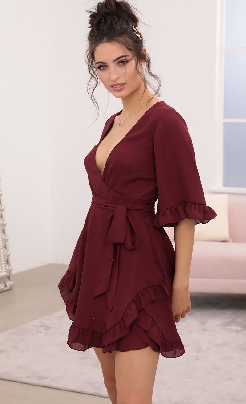 Picture Brittany Ruffle Dress in Burgundy. Source: https://media.lucyinthesky.com/data/Jan21_2/800xAUTO/1V9A3045.JPG