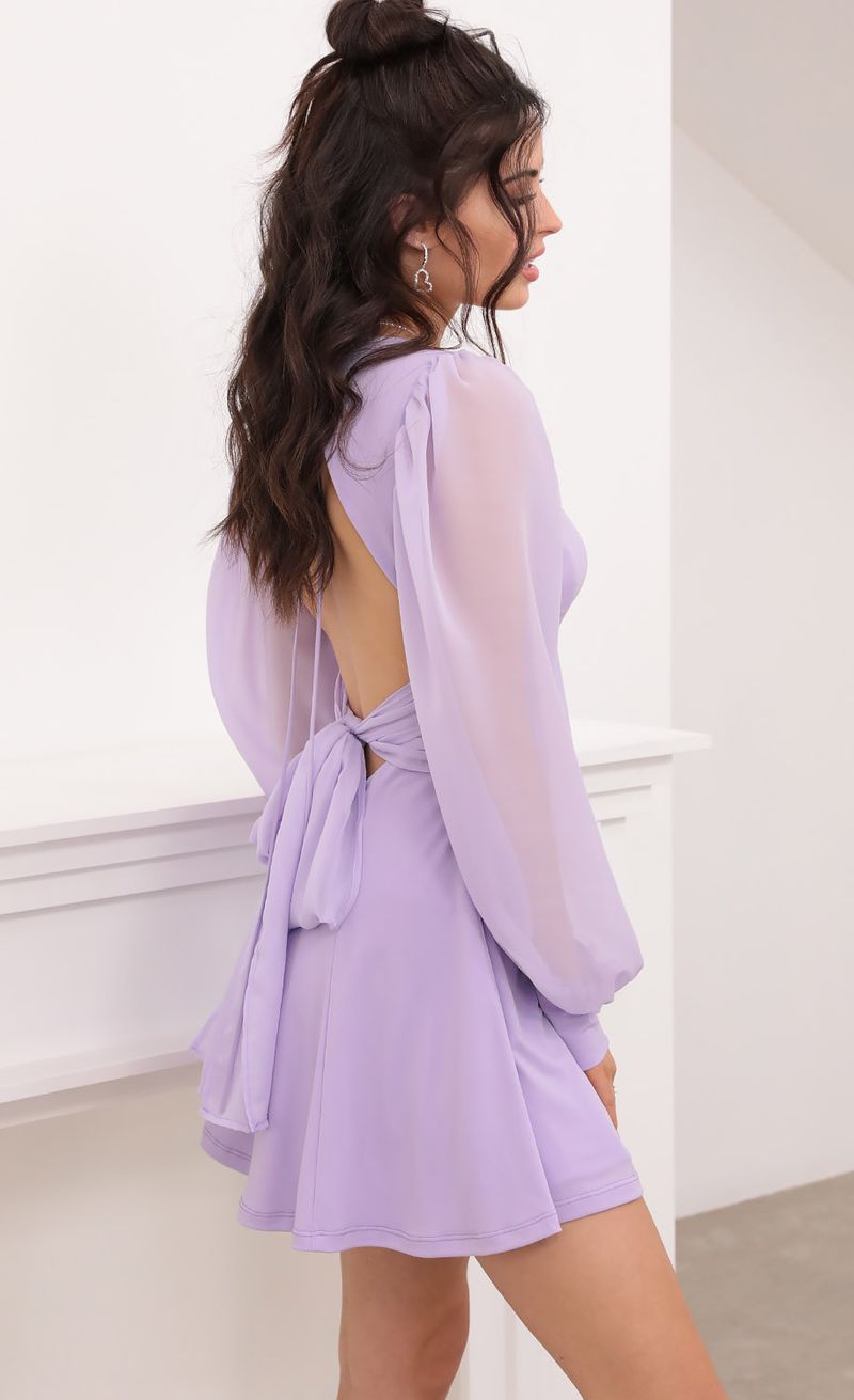 Picture Ivy Chiffon Sleeve A-Line Dress in Lilac. Source: https://media.lucyinthesky.com/data/Jan21_2/800xAUTO/1V9A6534.JPG