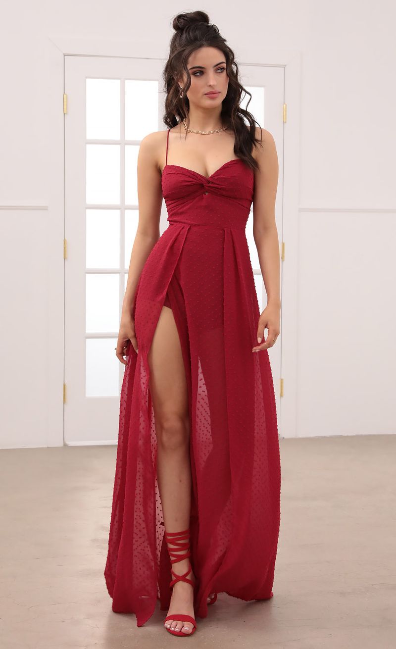 Picture Taylor Front Twist Chiffon Maxi Dress in Burgundy. Source: https://media.lucyinthesky.com/data/Jan21_2/800xAUTO/1V9A7965.JPG