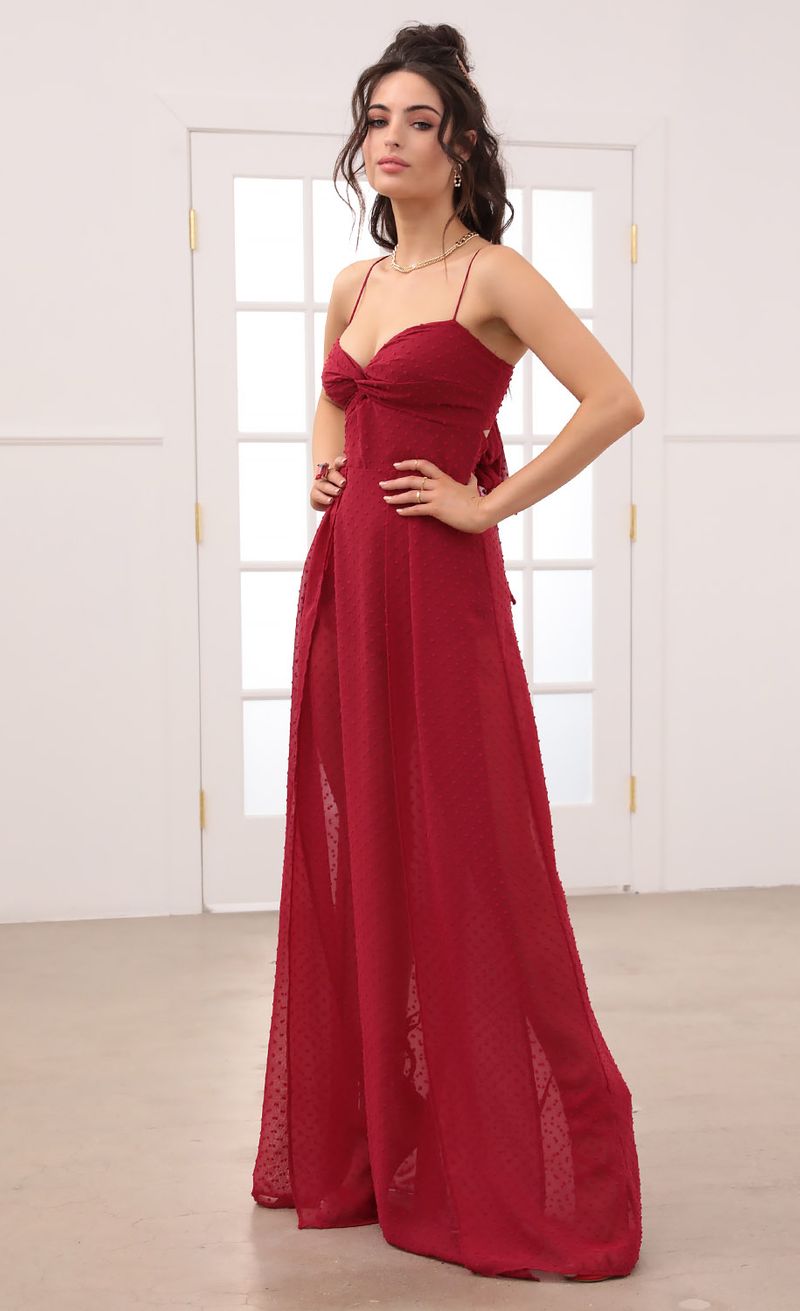 Picture Taylor Front Twist Chiffon Maxi Dress in Burgundy. Source: https://media.lucyinthesky.com/data/Jan21_2/800xAUTO/1V9A8020.JPG