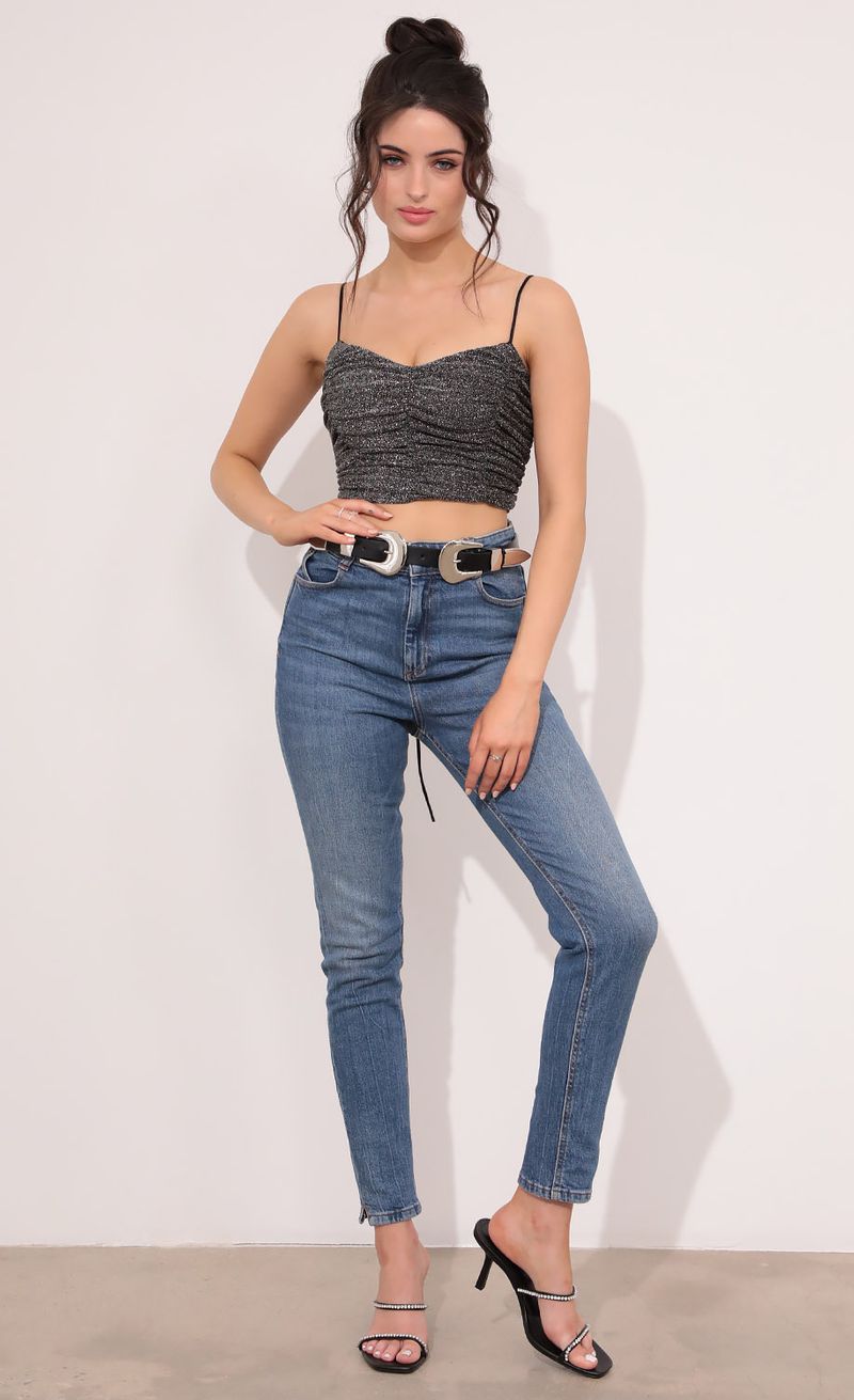 Picture Becca Ruched Crop Top in Silver Shimmer. Source: https://media.lucyinthesky.com/data/Jan21_2/800xAUTO/1V9A9762.JPG