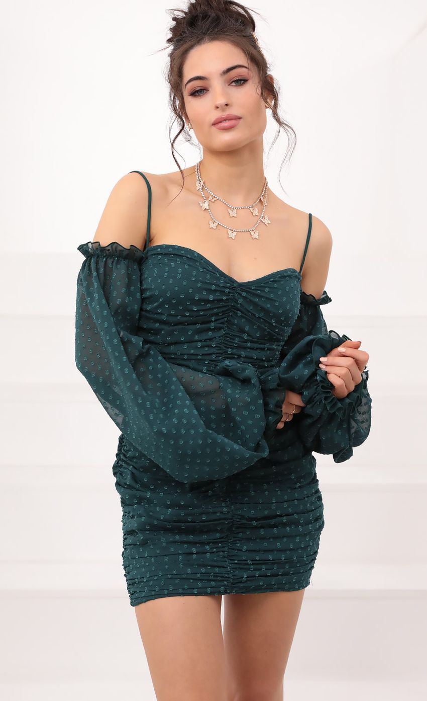 Picture Natalia Draped Dress in Dotted Emerald Chiffon. Source: https://media.lucyinthesky.com/data/Jan21_2/850xAUTO/1V9A1995.JPG