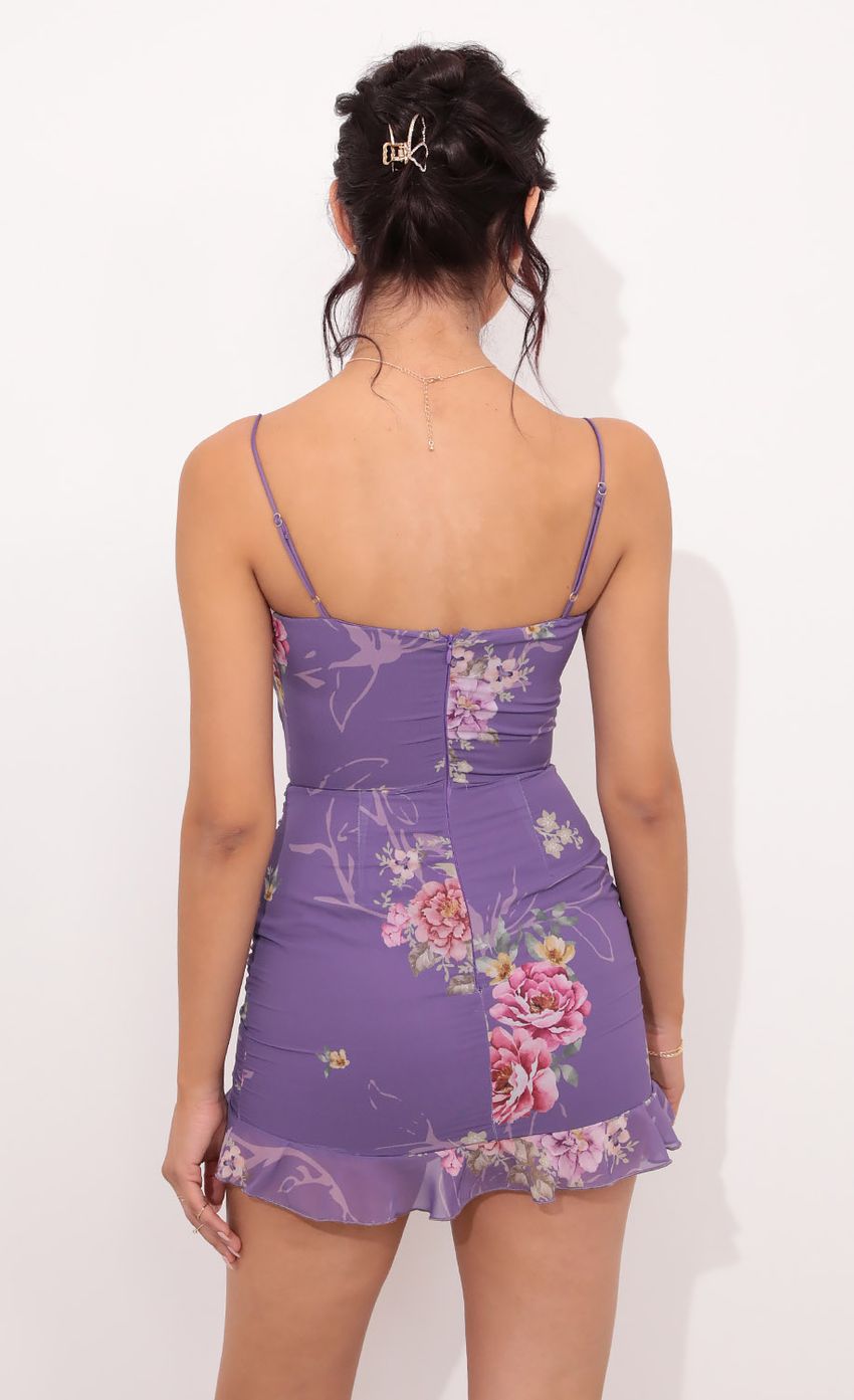 Picture Emilee Ruffle Dress in Purple Floral. Source: https://media.lucyinthesky.com/data/Jan21_2/850xAUTO/1V9A2190.JPG
