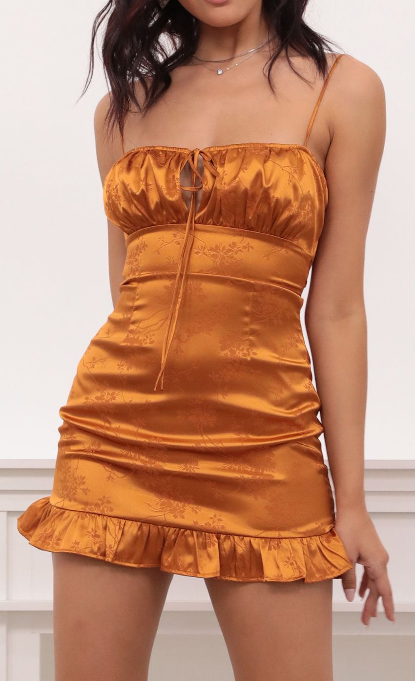 Picture Kai Satin Floral Dress in Rust. Source: https://media.lucyinthesky.com/data/Jan21_2/850xAUTO/1V9A6213.JPG