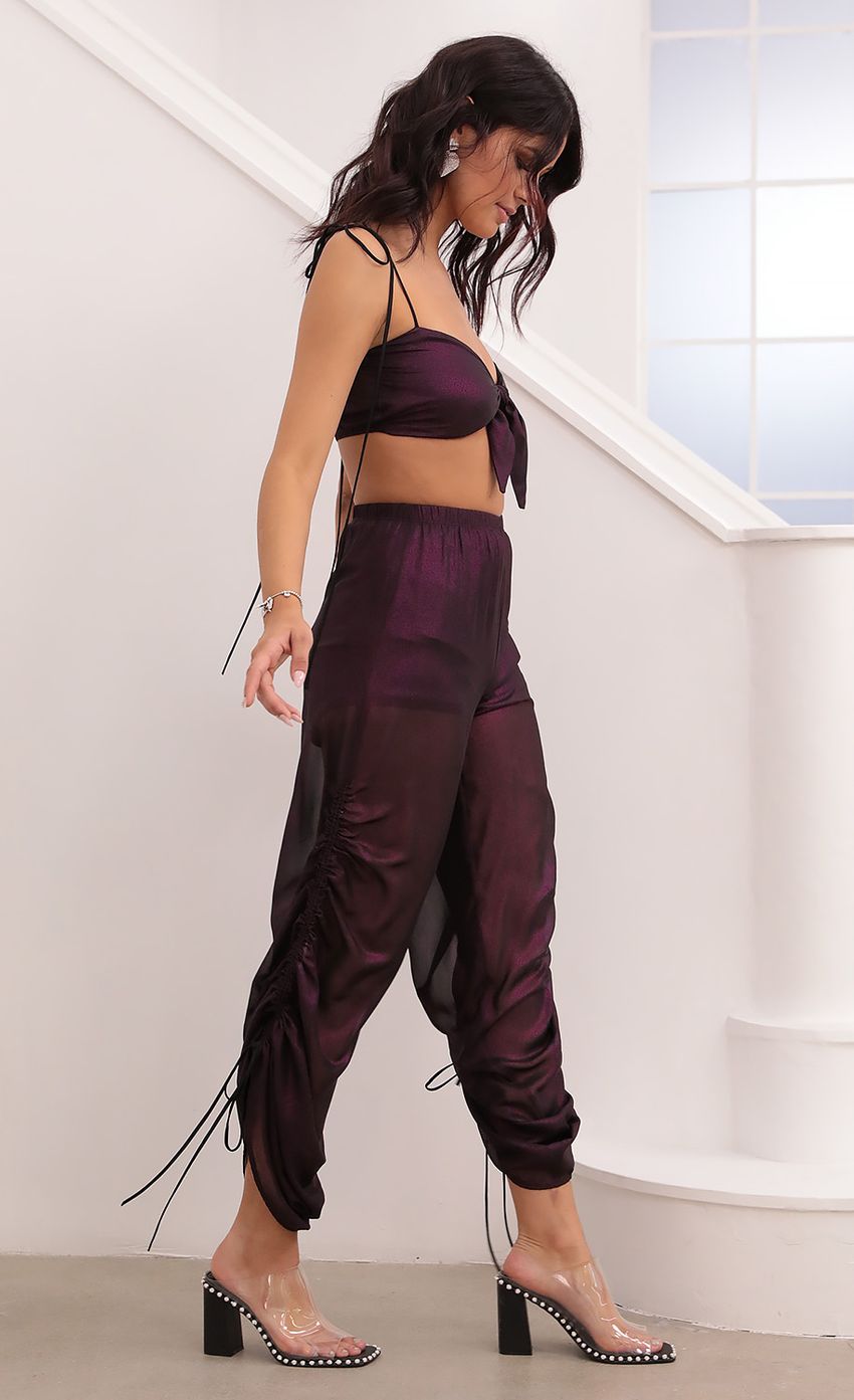 Picture Carly Ruched Pant Set in Purple. Source: https://media.lucyinthesky.com/data/Jan21_2/850xAUTO/1V9A6510.JPG
