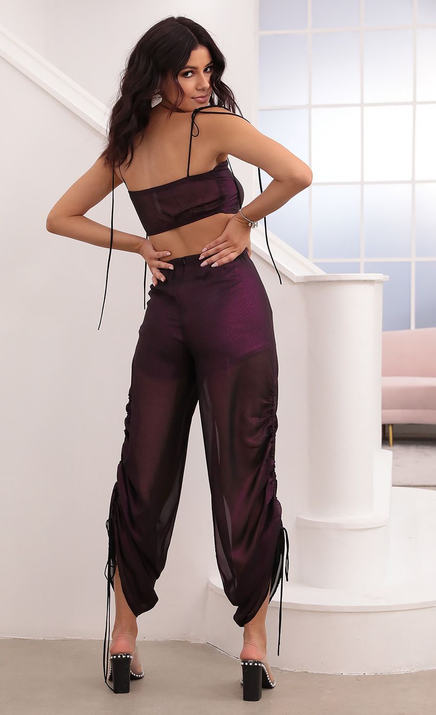 Picture Carly Ruched Pant Set in Purple. Source: https://media.lucyinthesky.com/data/Jan21_2/850xAUTO/1V9A6533.JPG