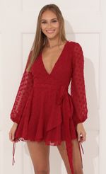 Picture Lexi Ruffle Wrap Dress in Red and Gold Dot. Source: https://media.lucyinthesky.com/data/Jan22_1/150xAUTO/1V9A2407.JPG