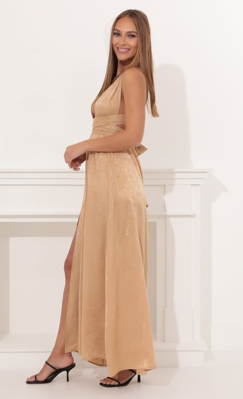 Prom Dresses > Samara Satin Maxi Dress in Gold Pinstripe