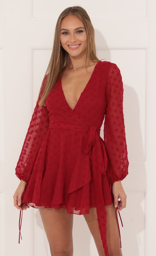 Picture Lexi Ruffle Wrap Dress in Red. Source: https://media.lucyinthesky.com/data/Jan22_1/500xAUTO/1V9A2407.JPG
