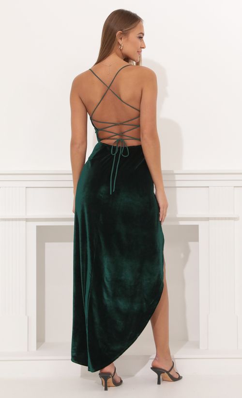 Picture Velvet Luxe Maxi Dress in Dark Green. Source: https://media.lucyinthesky.com/data/Jan22_1/500xAUTO/1V9A2680.JPG