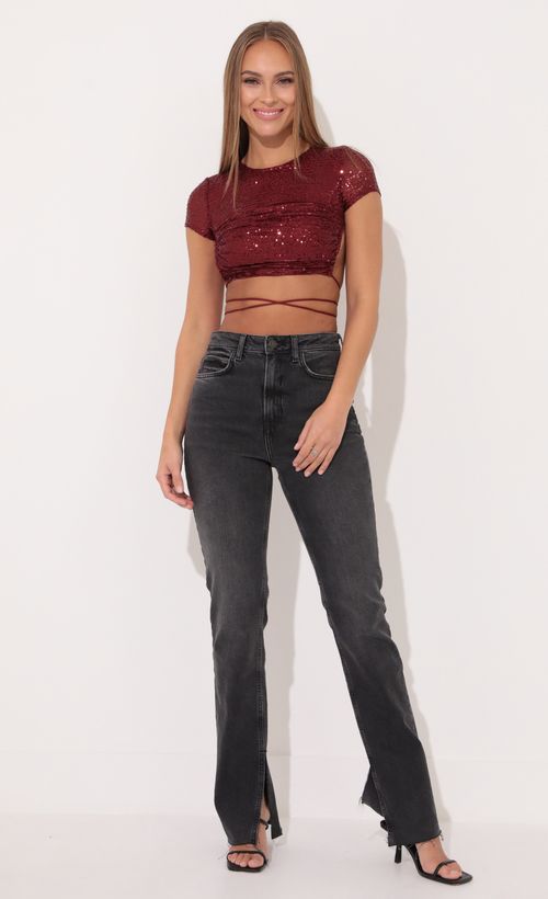 Picture Veronica Open Back Top in Red Sequin. Source: https://media.lucyinthesky.com/data/Jan22_1/500xAUTO/1V9A3418.JPG