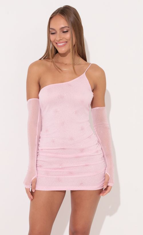 Picture Allie One Shoulder Dress in Shimmer Pink. Source: https://media.lucyinthesky.com/data/Jan22_1/500xAUTO/1V9A7043.JPG
