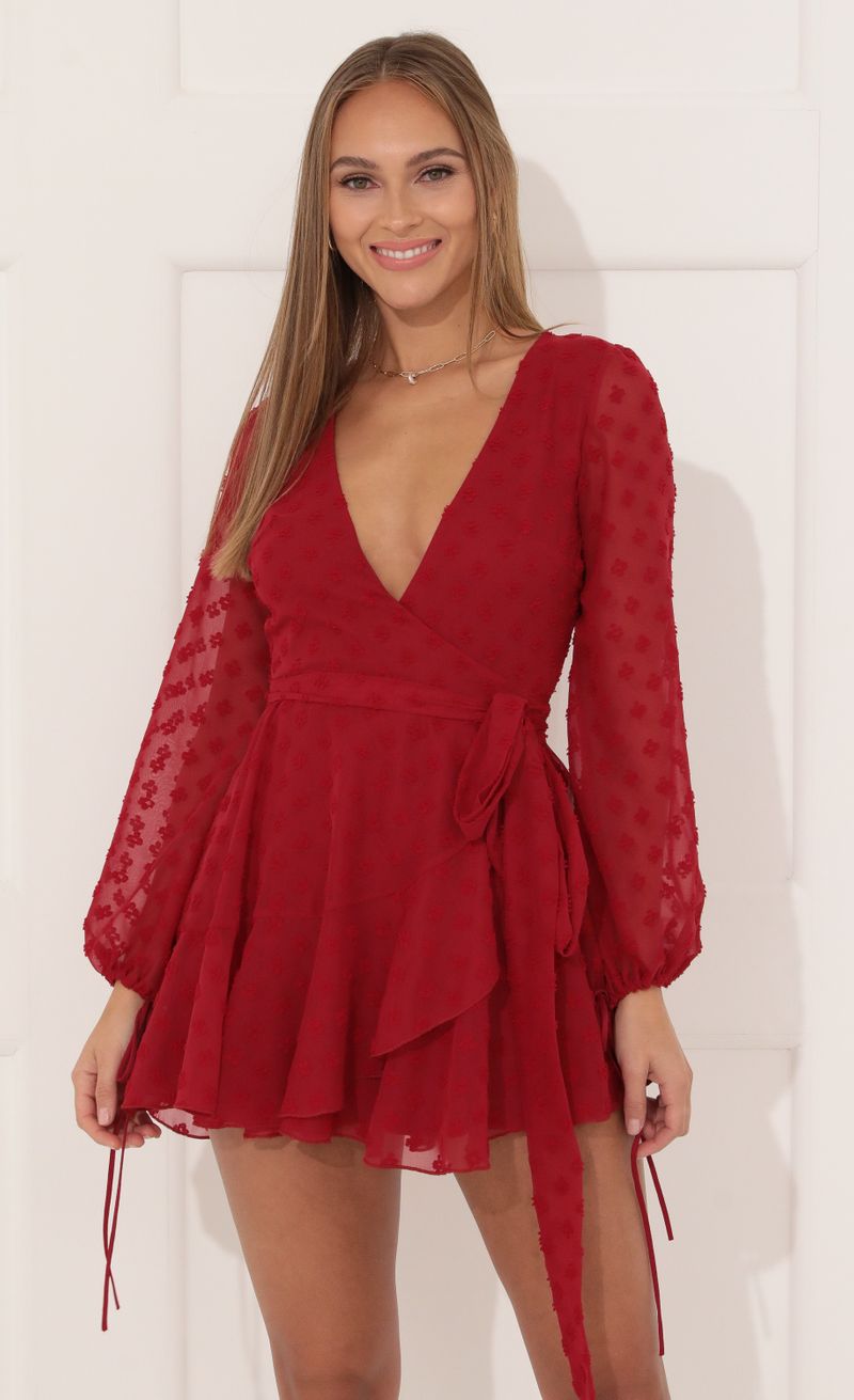 Picture Lexi Ruffle Wrap Dress in Red. Source: https://media.lucyinthesky.com/data/Jan22_1/800xAUTO/1V9A2407.JPG