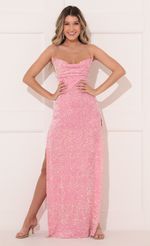 Picture Lissy Velvet Sequin Maxi Dress in Pink. Source: https://media.lucyinthesky.com/data/Jan22_2/150xAUTO/1V9A6594.JPG