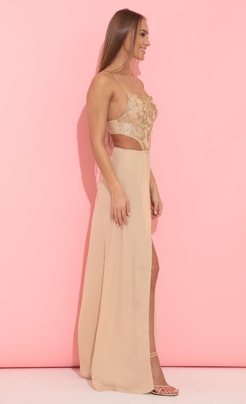 Picture Paris Silver Sequin Lace Maxi Dress in Gold. Source: https://media.lucyinthesky.com/data/Jan22_2/500xAUTO/1V9A2335.JPG