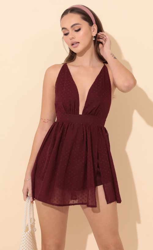 Picture Get Right To It Romper in Red Dotted Chiffon. Source: https://media.lucyinthesky.com/data/Jan22_2/500xAUTO/1V9A5540.JPG