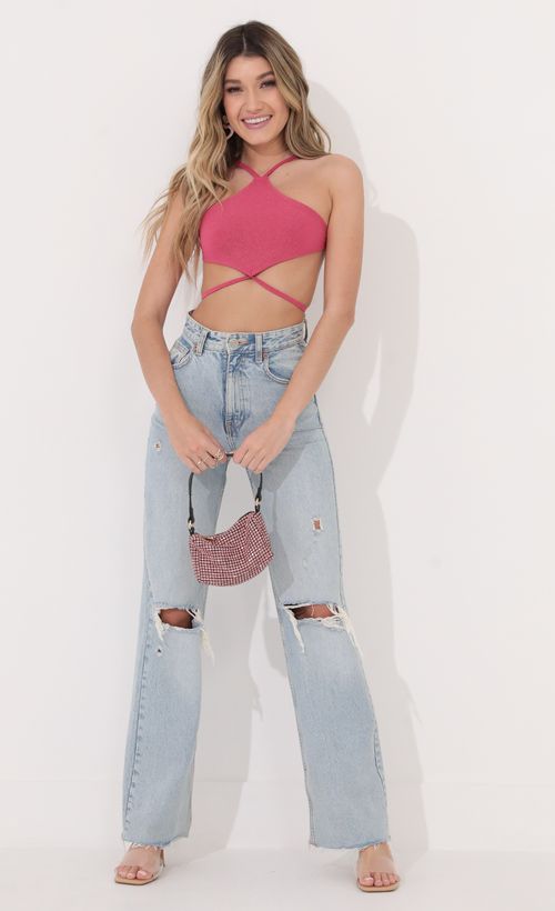 Picture Nae Halter Crop Top in Pink Shimmer. Source: https://media.lucyinthesky.com/data/Jan22_2/500xAUTO/1V9A5570.JPG