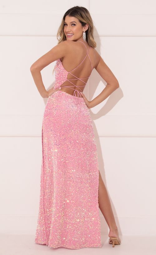 Picture Lissy Velvet Sequin Maxi Dress in Pink. Source: https://media.lucyinthesky.com/data/Jan22_2/500xAUTO/1V9A6781.JPG