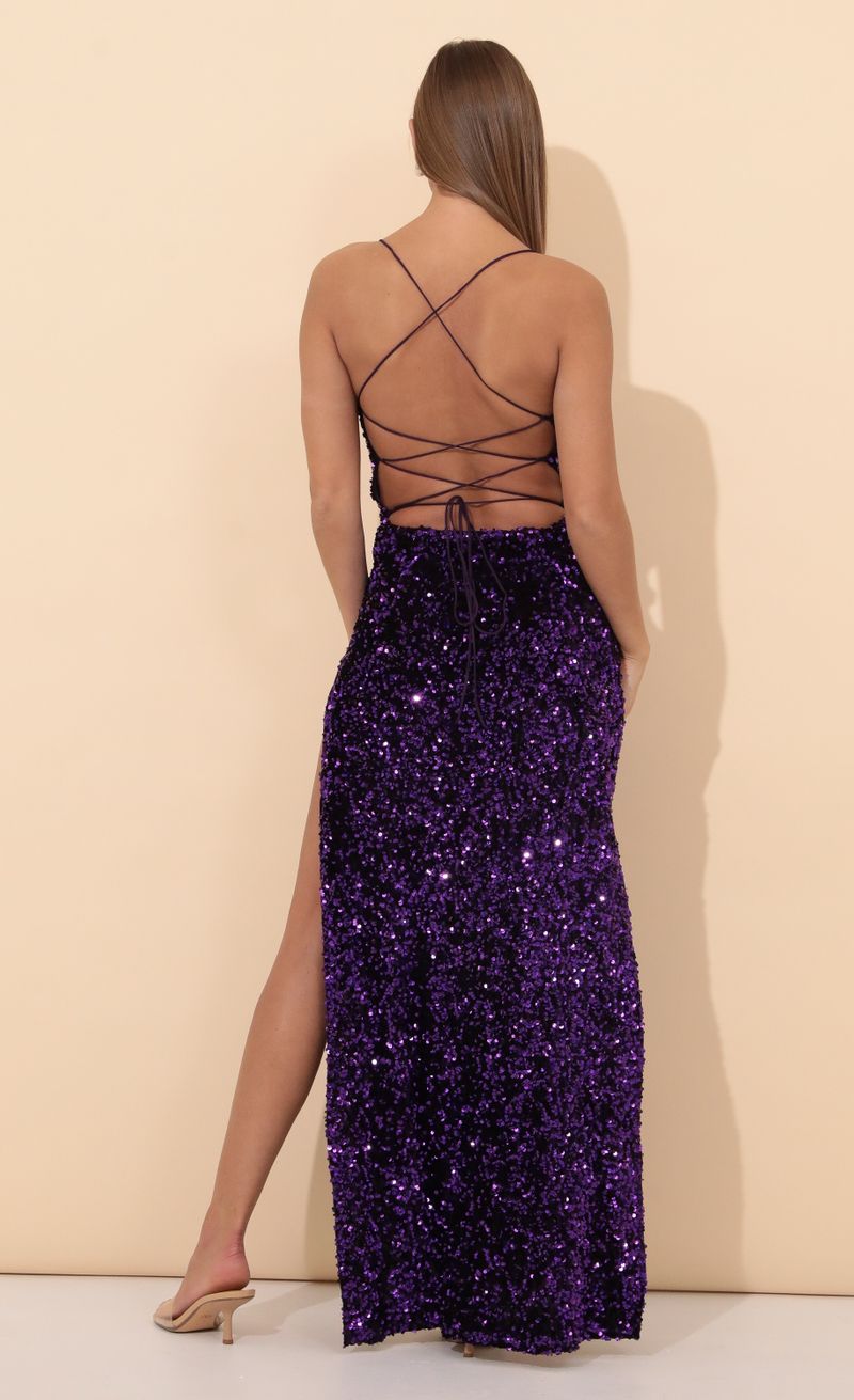 Picture Lissy Velvet Sequin Maxi Dress in Purple. Source: https://media.lucyinthesky.com/data/Jan22_2/800xAUTO/1V9A4784.JPG