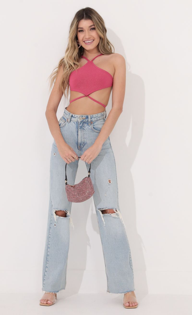 Picture Nae Halter Crop Top in Pink Shimmer. Source: https://media.lucyinthesky.com/data/Jan22_2/800xAUTO/1V9A5570.JPG