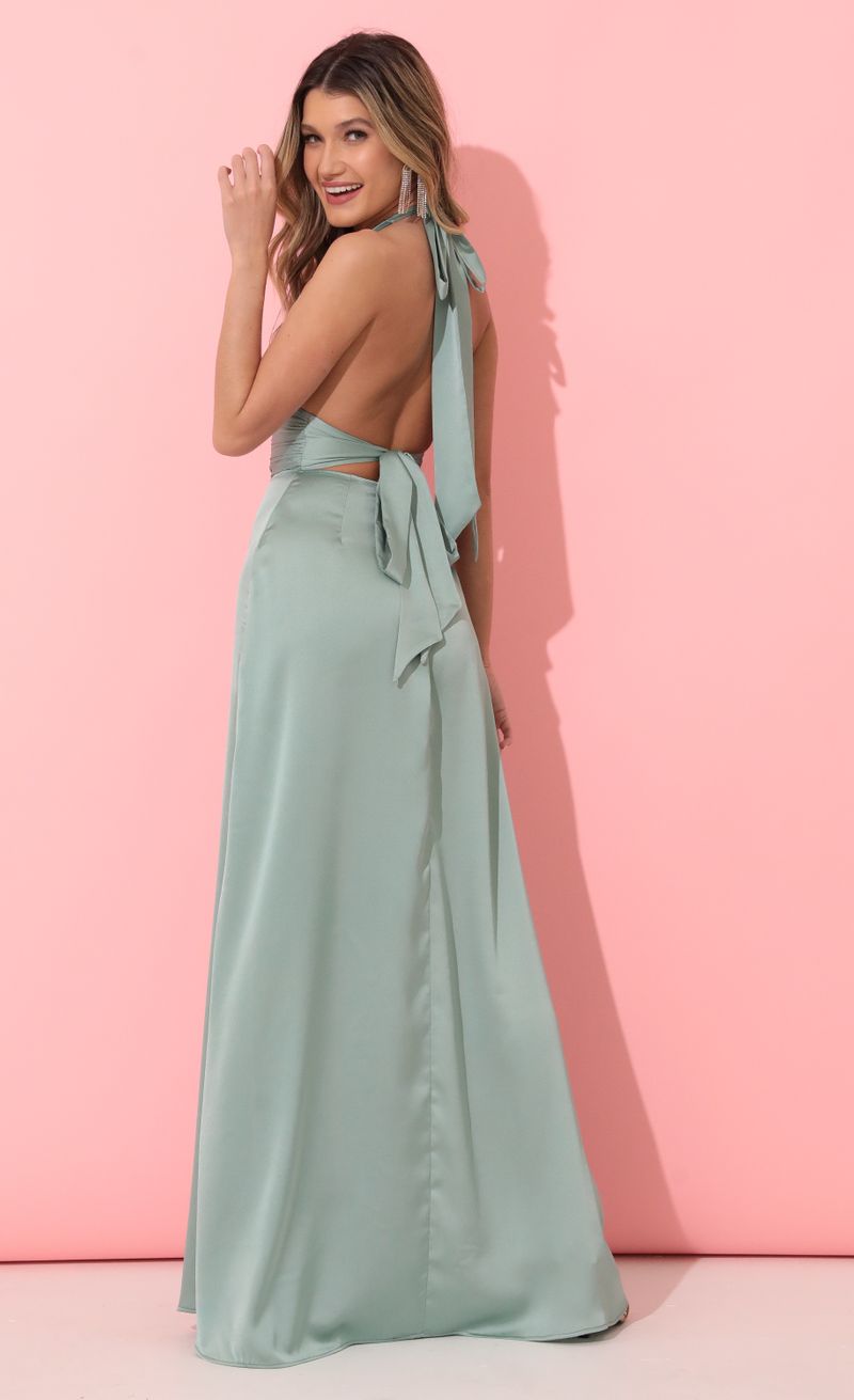 Picture Waverly Maxi Satin Dress in Sage. Source: https://media.lucyinthesky.com/data/Jan22_2/800xAUTO/1V9A5899.JPG