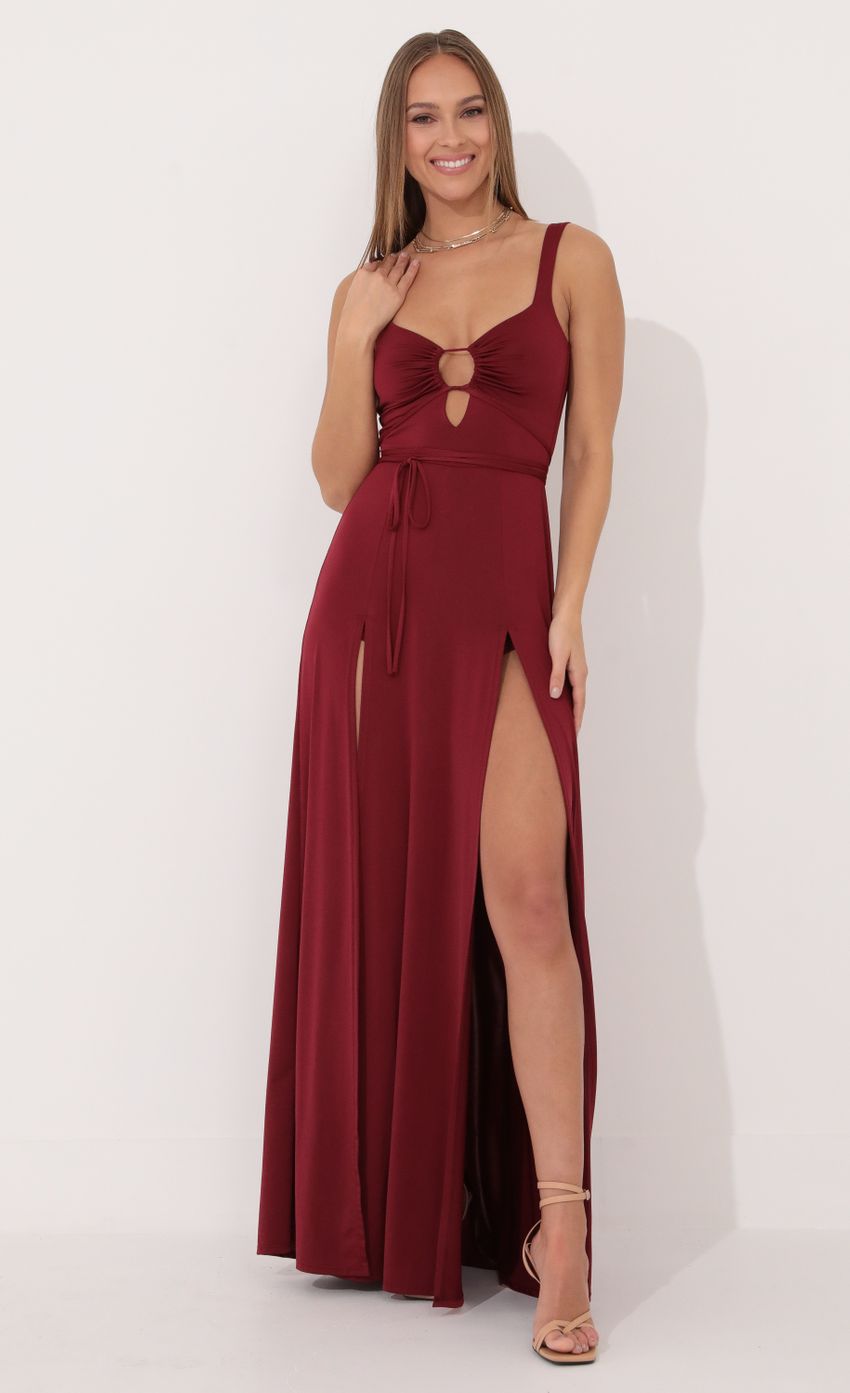 Picture Jesse Front Tie Maxi Dress in Red. Source: https://media.lucyinthesky.com/data/Jan22_2/850xAUTO/1V9A8304.JPG
